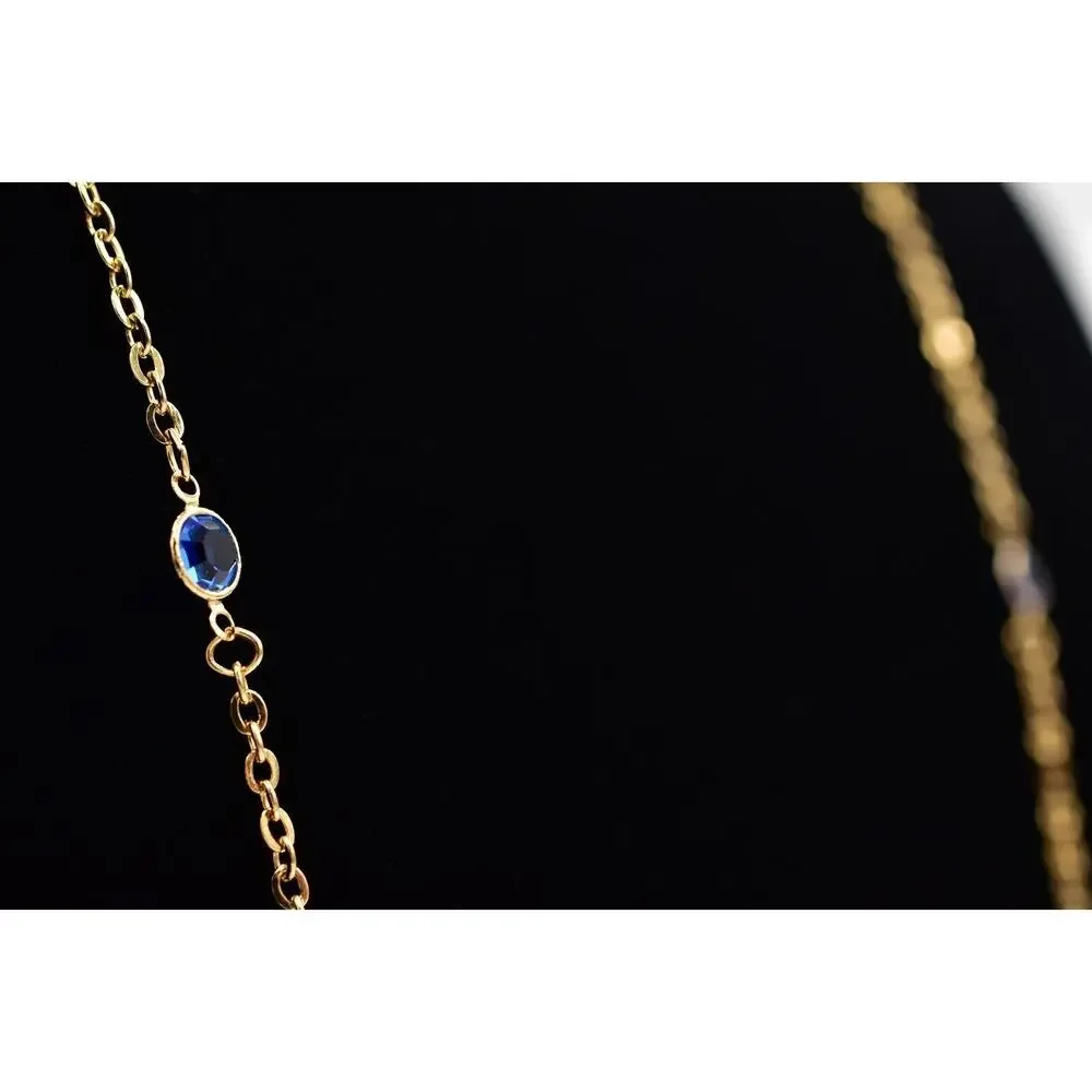 Vintage Blue Open Bezel Crystal Necklace Station Chain Gold Tone 1980s BinBJ